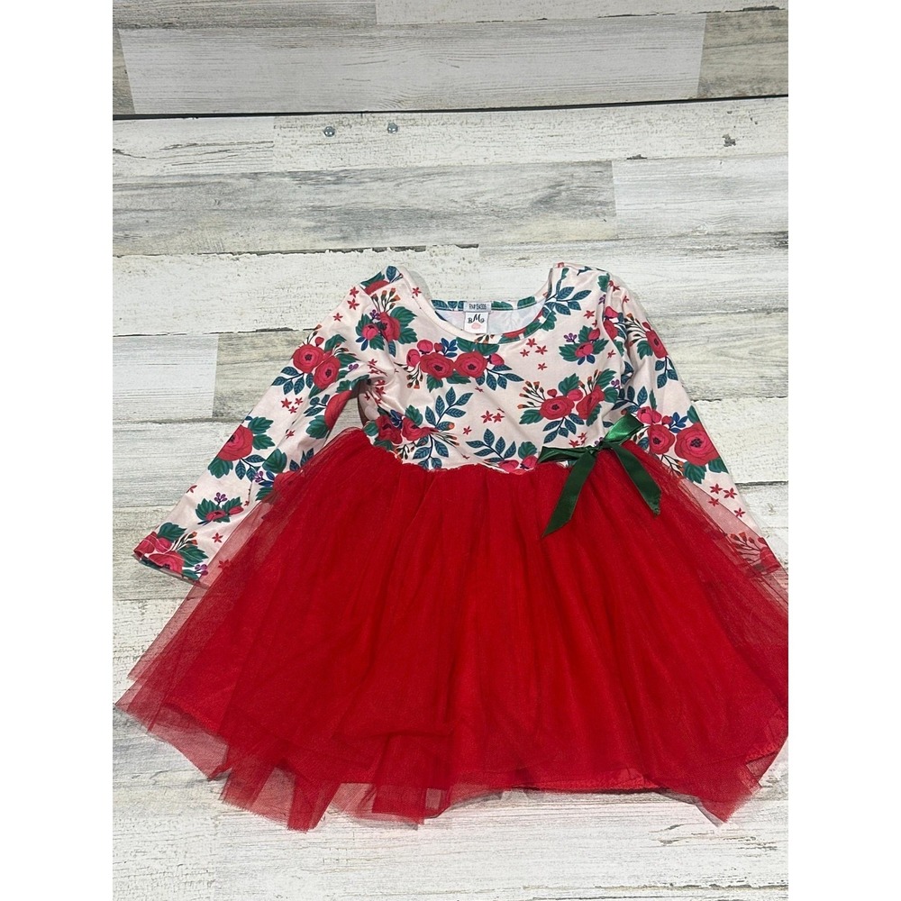 Mia Belle Tutu Dress Girls Size 6 Red Floral Long Sleeve Holiday EUC